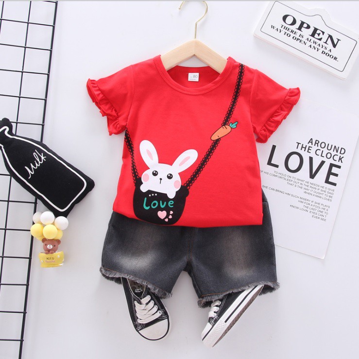STC 10- Setelan kaos T-shirt dan celana pendek anak /baju setelan anak /pakaian anak perempuan motif kelinci