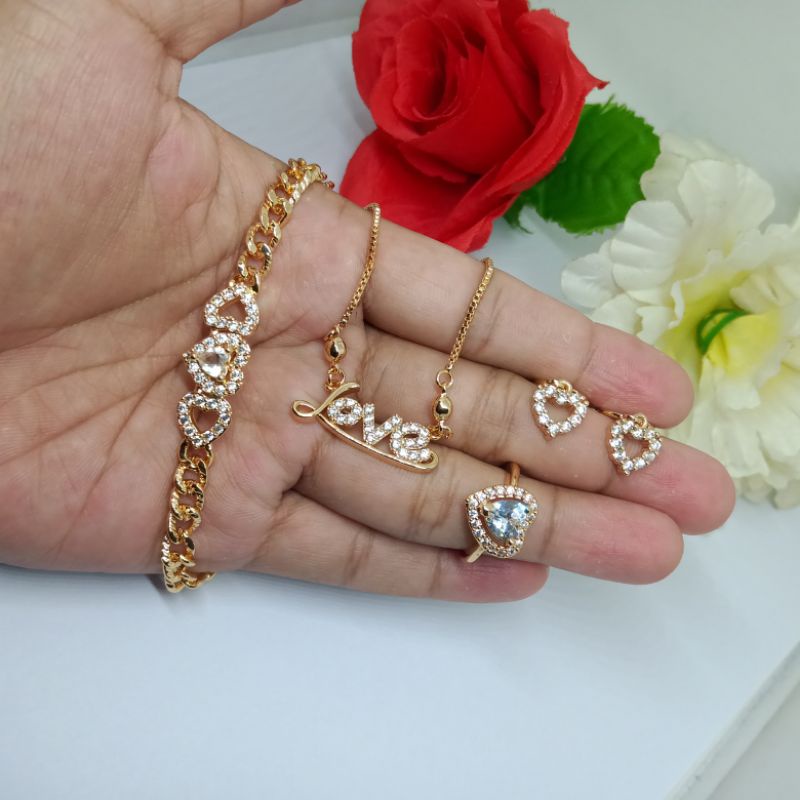 set perhiasan wanita dewasa, love 452, set perhiasan titanium asli anti luntur anti karat,1 set perhiasan lengkap kalung gelang cincin anting,perhiasan wanita import