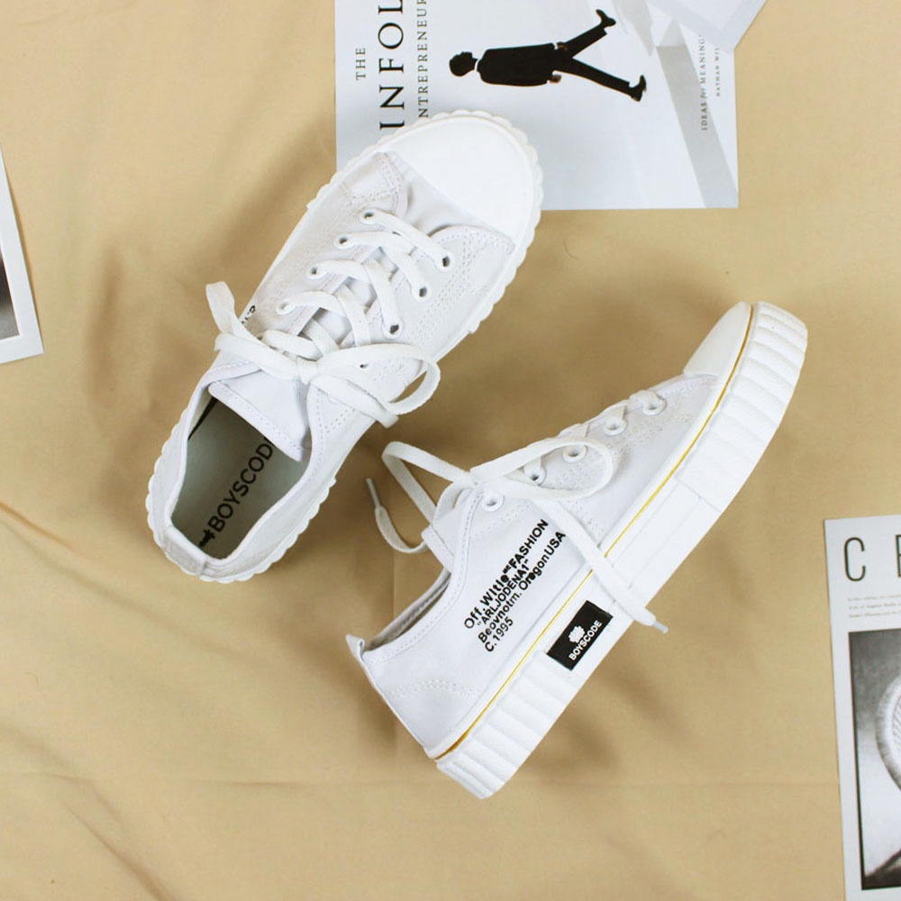 Sepatu Sneakers Korean Style Boyscode Fashion Mutuoni Putih Pendek / Sepatu Canvas Korea Casual Kekinian Full White