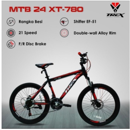 Sepeda Gunung MTB Remaja Dewasa 24 Inch Trex XT 780 Mountain Bike 7 Speed Frame Steel Double Disc Brake Garansi Resmi Termurah SNI-2