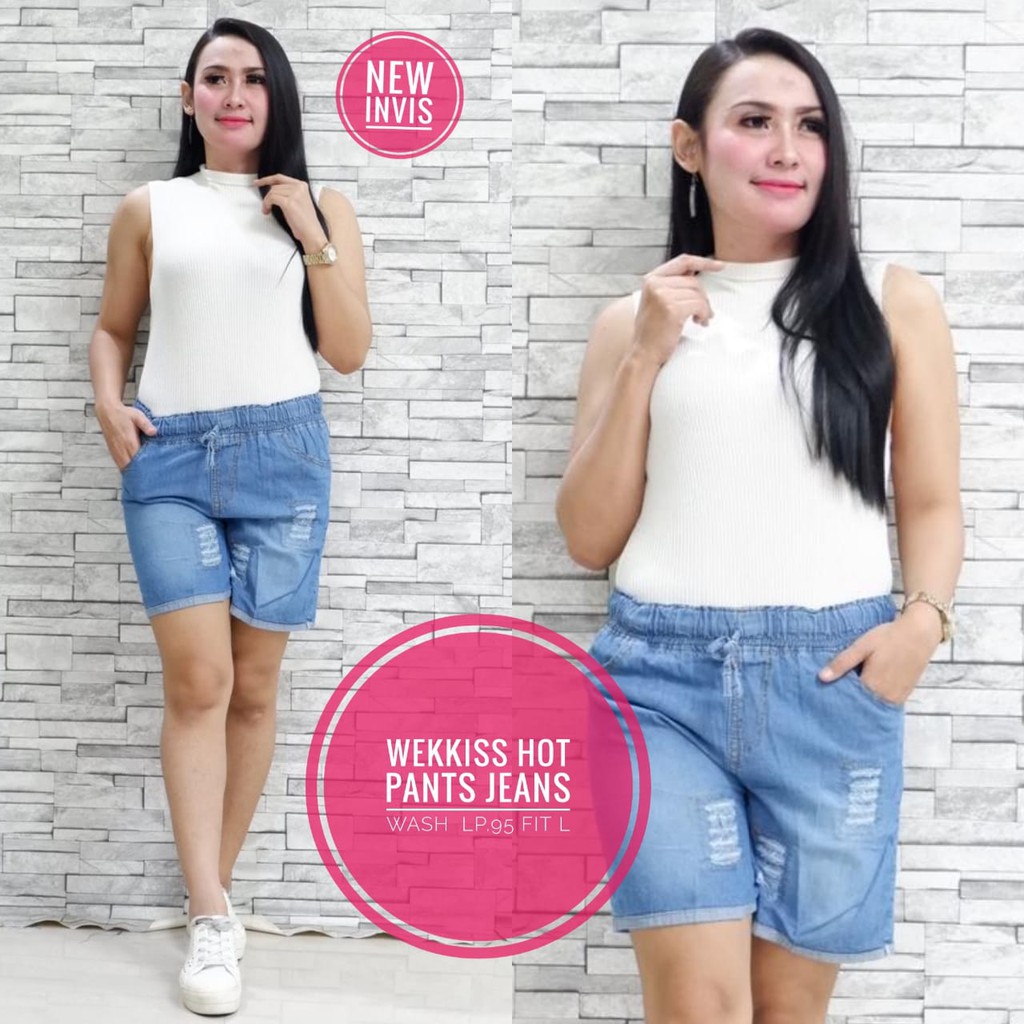 WIKS HOTPANTS JUMBO Jeans Celana Pendek Wanita Rubber Waist Sobek Rawis Bahan Jeans Wash HOT PANTS