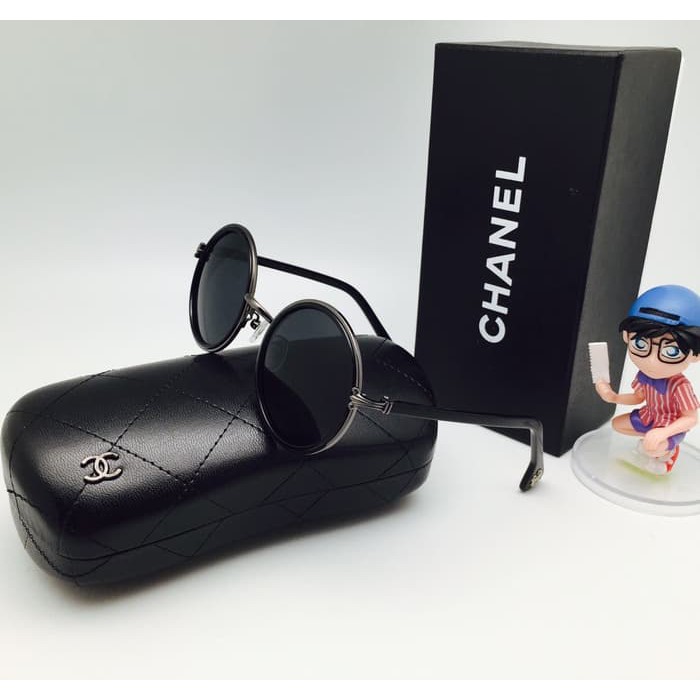 Kacamata Chanel Round Bulat Sunglasses Wanita - hitam lis abu  K191