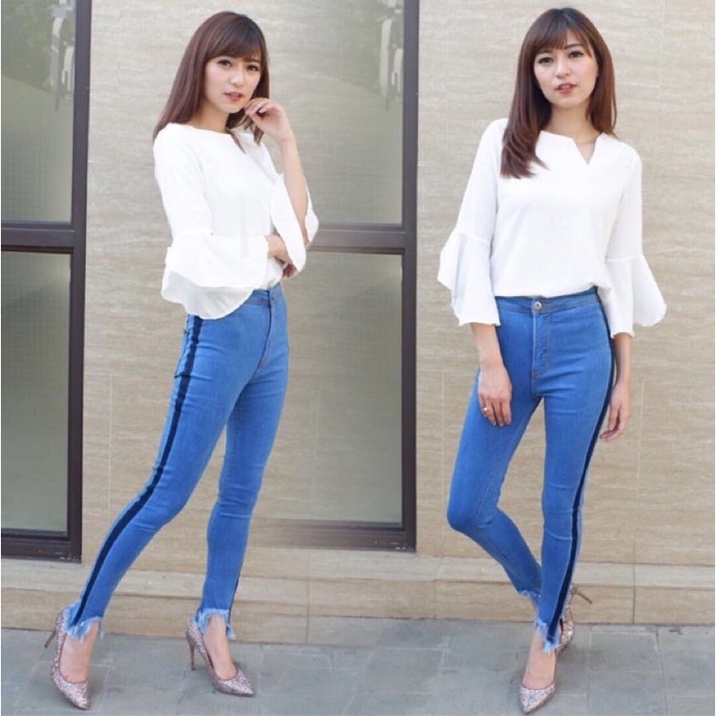 JC Celana Jeans HW list Rumbai Dark blue / Celana wanita Hw kekinian