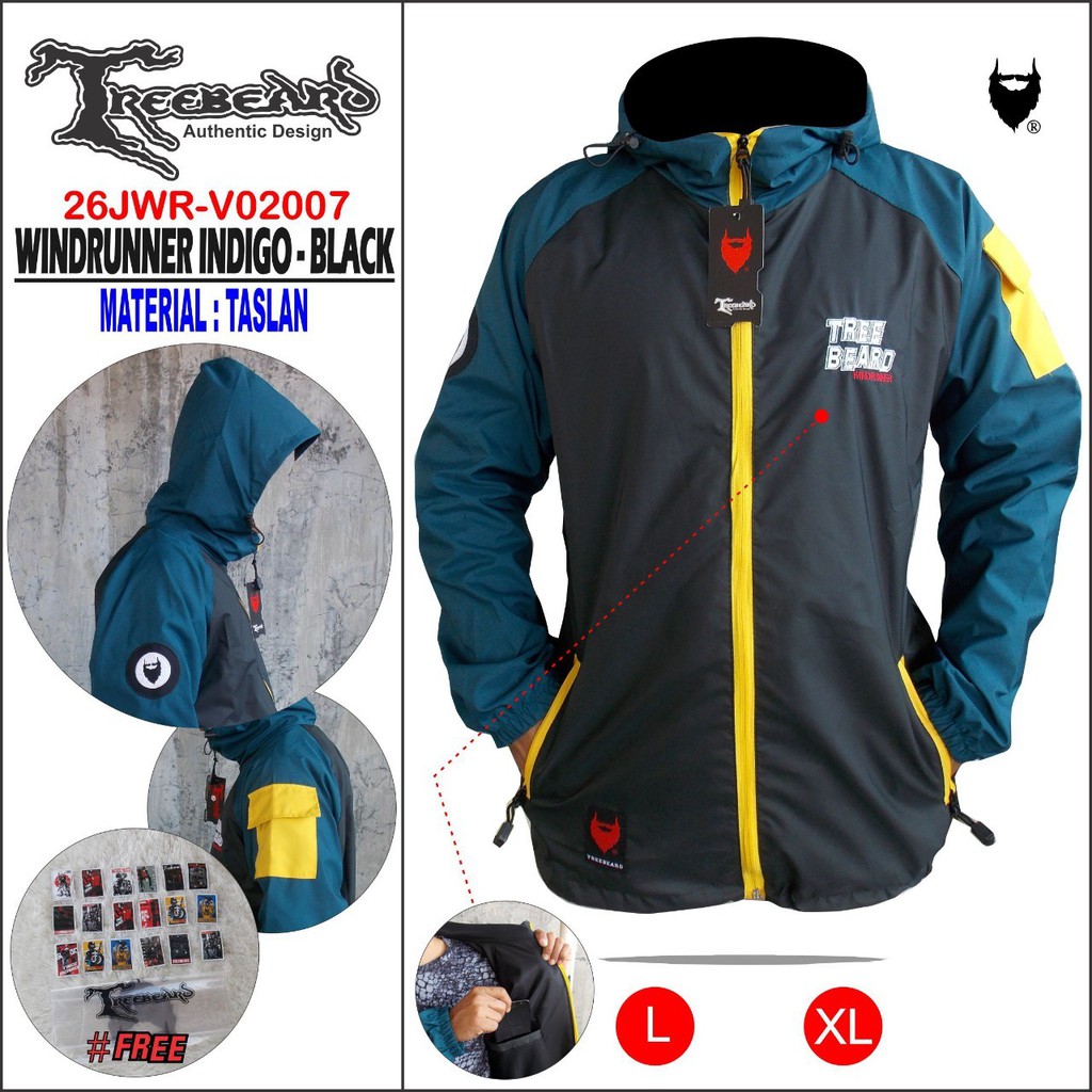 RAPPERWEAR Jaket Gunung TREEBEARD Anti Air / Jaket Pria & Wanita / Jaket Hoodie Outdoor Waterproof-WN BLACK-INDIGO