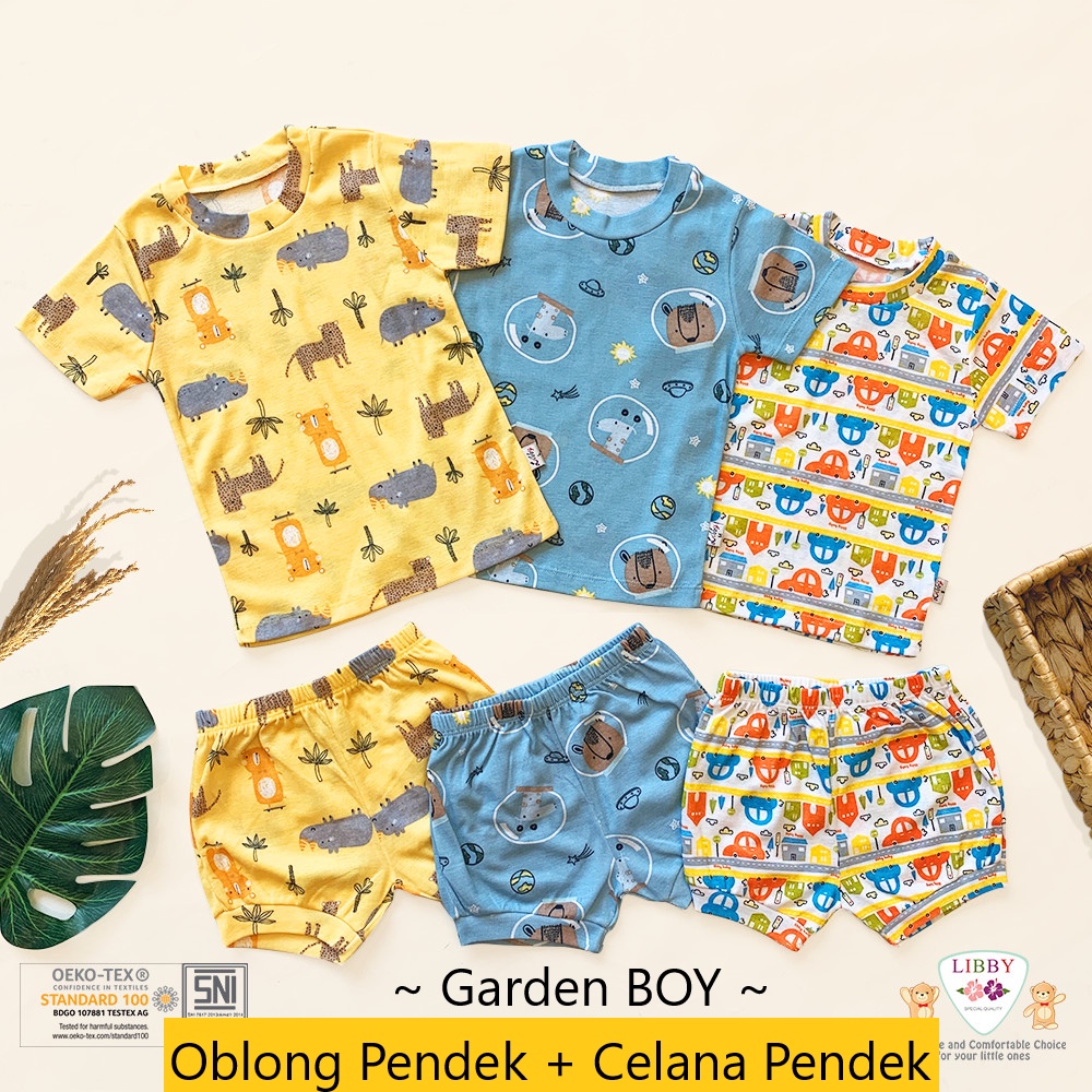 [BUNDLE HEMAT 3stel BOY ] LIBBY (3stel) Stelan Atasan PENDEK + Celana PENDEK Oblong Cotton Motif Print BOY (0-19kg)