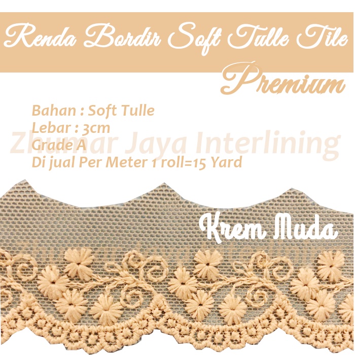 Renda Bordir Soft Tulle Tile Premium Lebar 3 CM per Meter