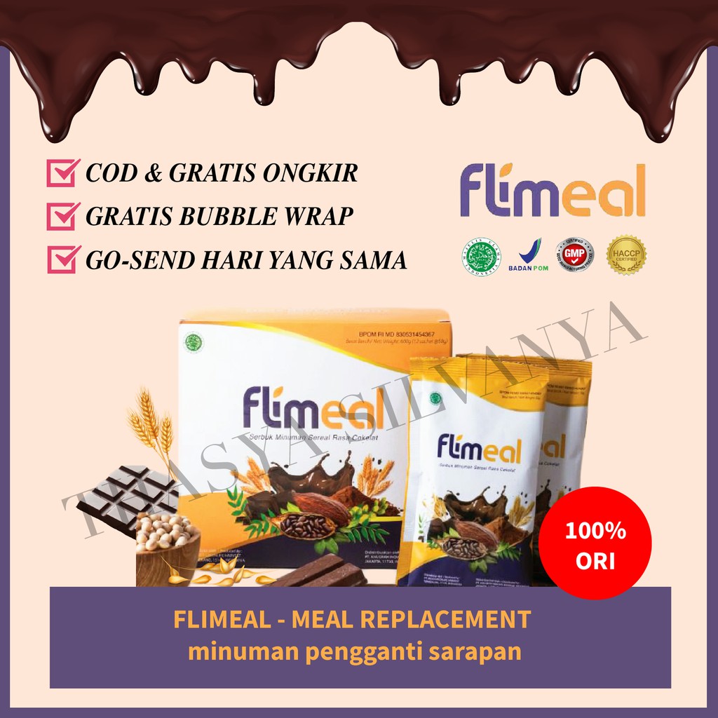 

FLIMEAL ORIGINAL RASA COKLAT, STRAWBERRY, VANILLA, TARO BY FLIMTY 1 BOX 12 SACHET MINUMAN DIET SEREAL