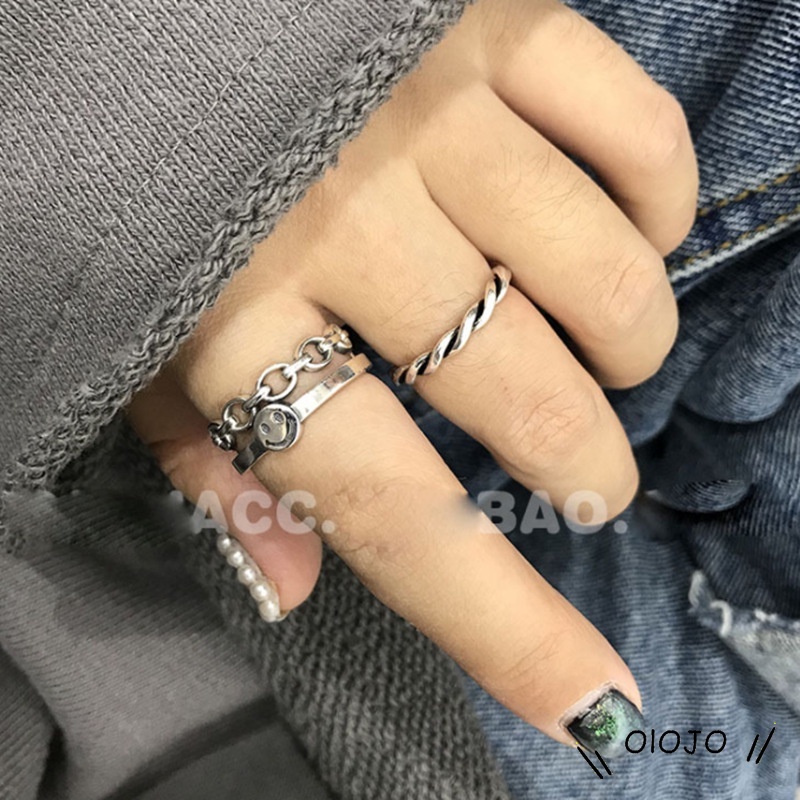 2 Pieces/set of Fashionable Index Finger Female Adjustable Ring Cincin Rantai Desain Wajah Tersenyum Serbaguna - ol