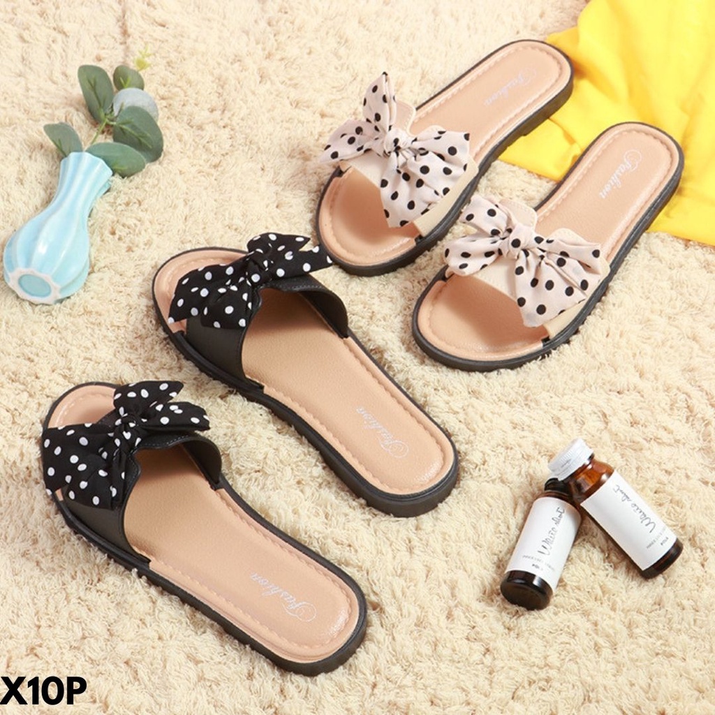 SANDAL SELOP WANITA MOTIF RIBBON COCOK PAKAI HARIAN BAHAN PU IMPORT 10P BAGUS