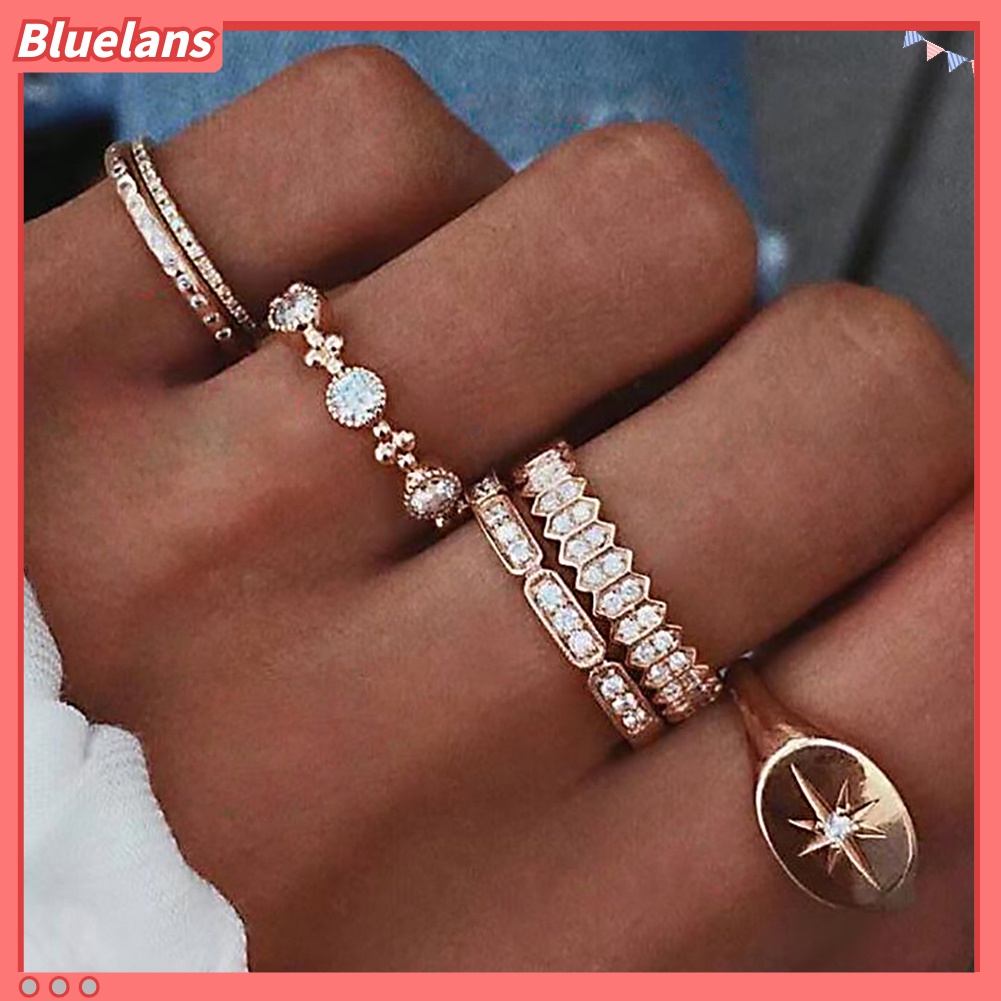 6pcs / Set Cincin Jari Bentuk Matahari Aksen Berlian Imitasi Untuk Wanita