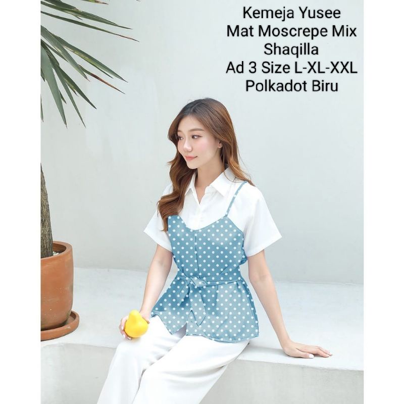 Atasan Kemeja Casual Wanita Kekinian Lengan Pendek Motif Floral dan Polkadot/Kemeja Wanita Yusee 3 Ukuran L-XL-XXL Matt Moscrepe Mix Shaqilla