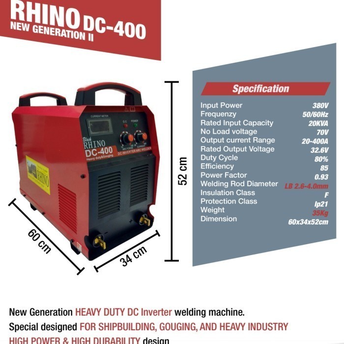 RHINO MESIN LAS DC 400 HEAVY DUTY 3 PHASE - DC400 / DC 400A / DC400A