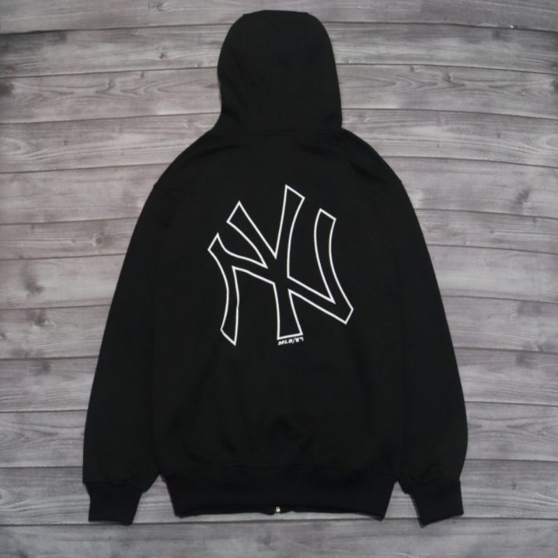 SWEATER HOODIE ZIPPER NY YANKEES HITAM GOLD TAPED AUTHENTIC FULLTAG &amp; LEBEL