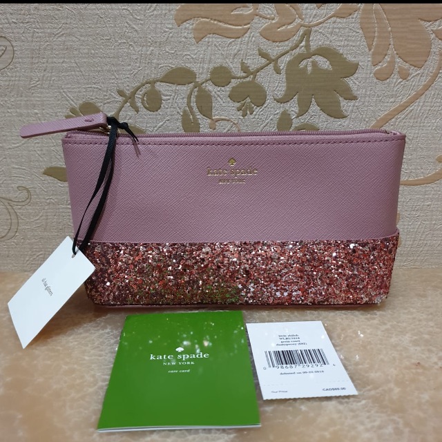 Kate spade shiloh greta court pouch cosmetic pink peony glitter original