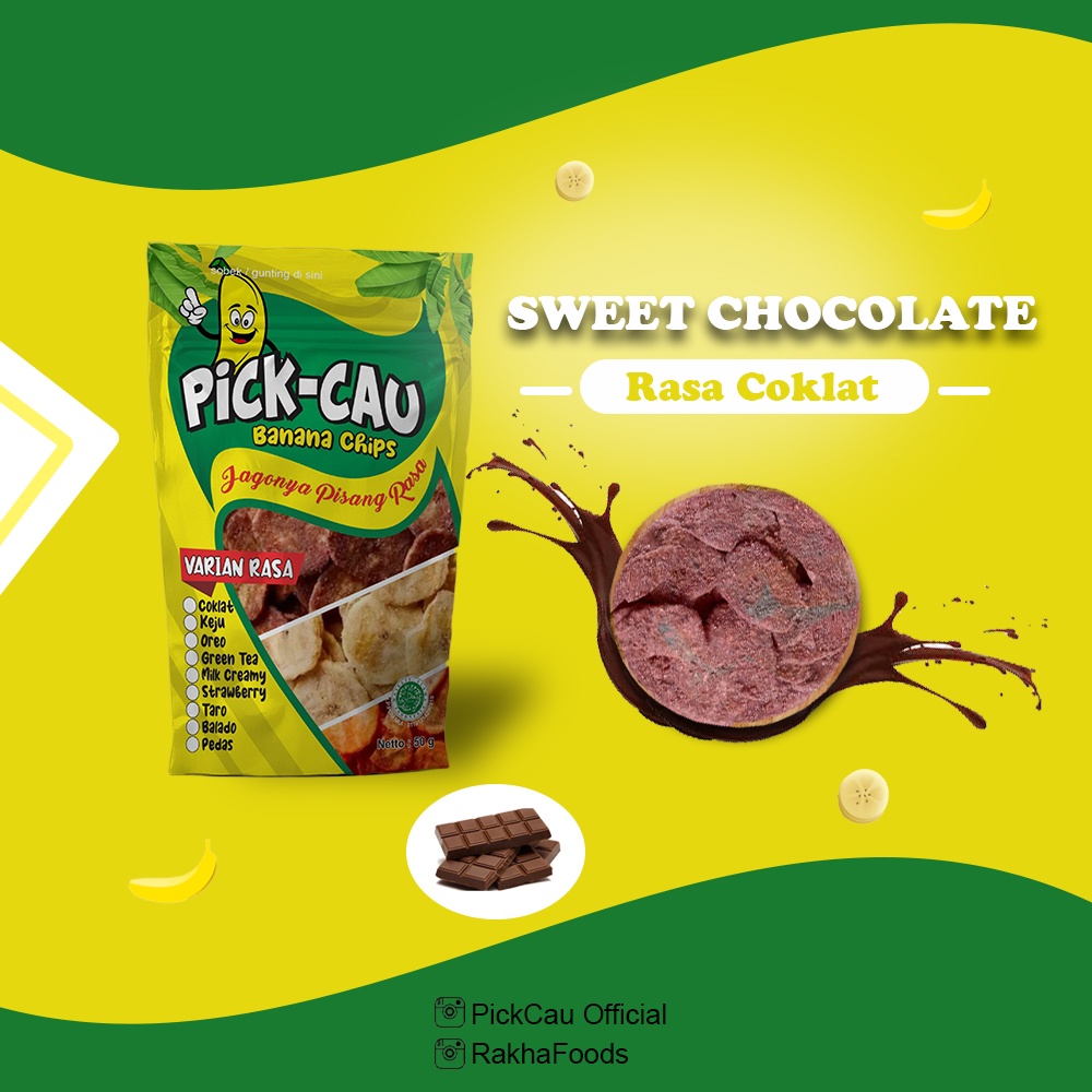 

Keripik pisang Pick-Cau Banana Chips Sweet Chocolate - Keripik Pisang Bumbu coklat Tebal gurih dan Renyah 80 gram