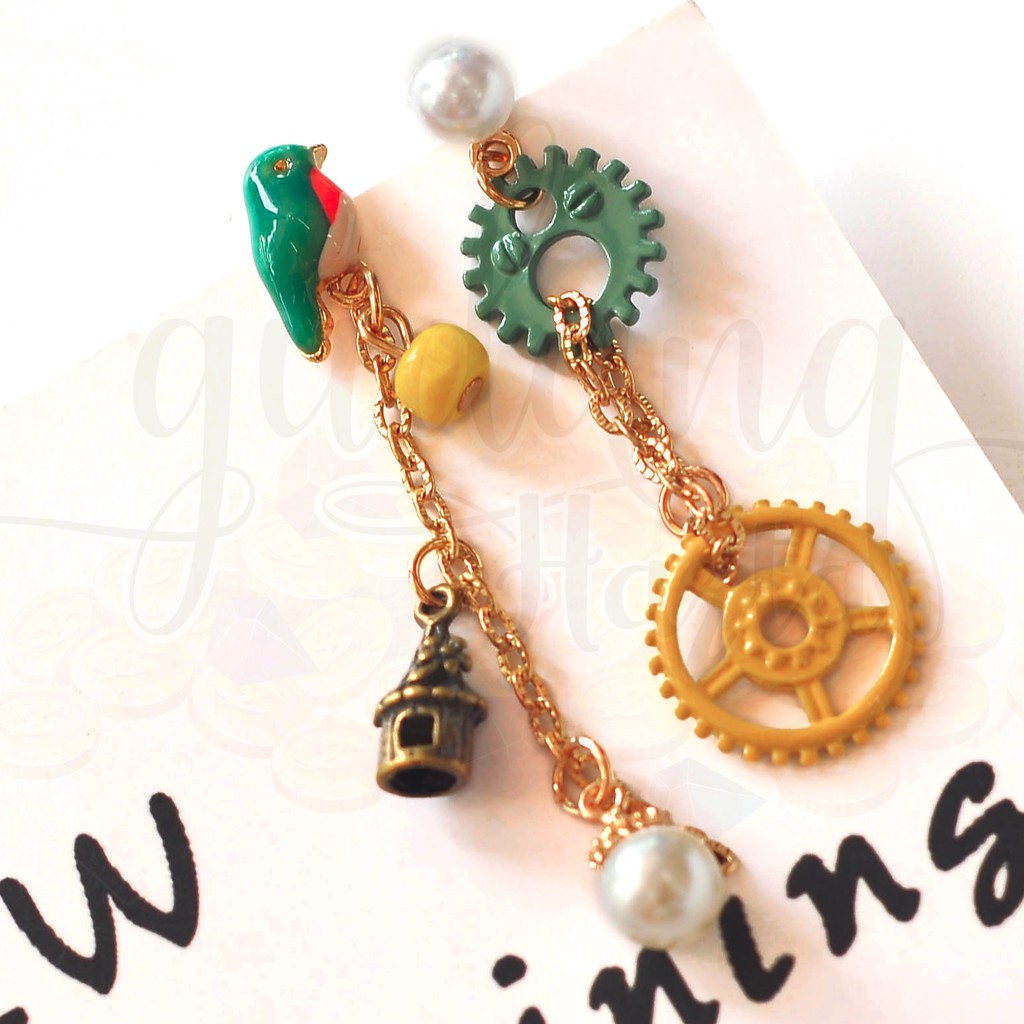 Anting Stud Panjang Bird and Gears Burung Unik Asimetris Lucu GH 203561