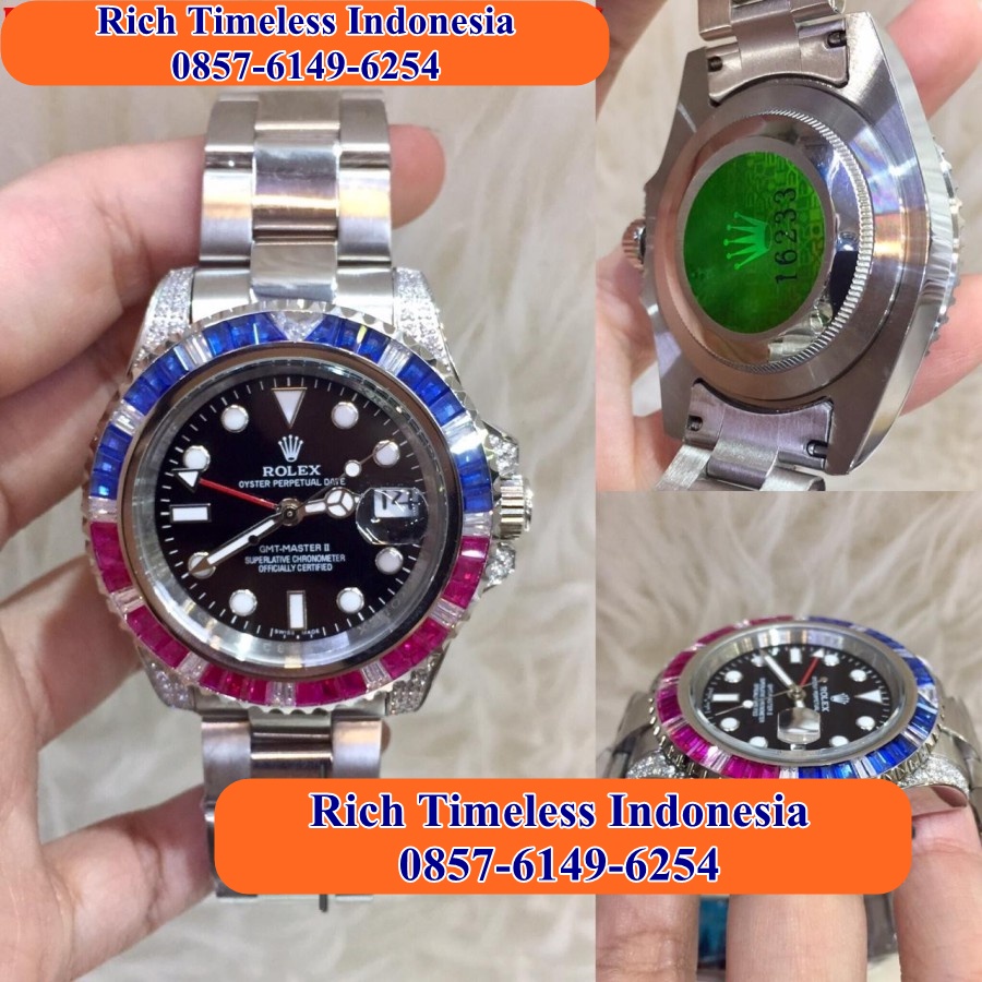 Extra Hemat  Jam Tangan Pria Branded Rolex GMT Master II Ring Diamond Stainless Black Silver Jam Tan