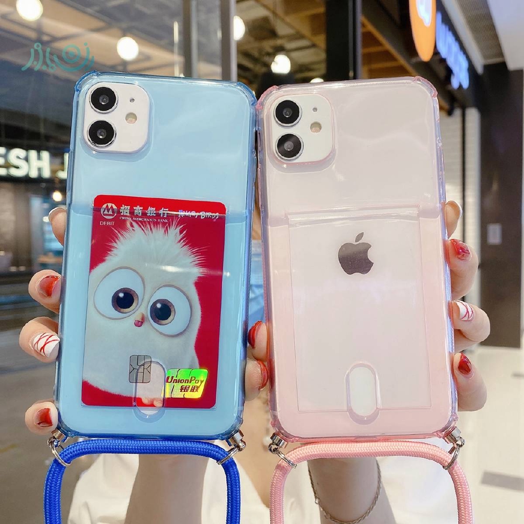 Soft Case Bahan Tpu Transparan Dengan Slot Kartu Kredit Dan Lanyard Untuk Iphone 11 Pro Max 7+8 6s Plus X Xr Xs Max