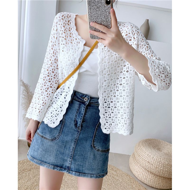 Cardigan rajut wanita putih korea lengan panjang elegant