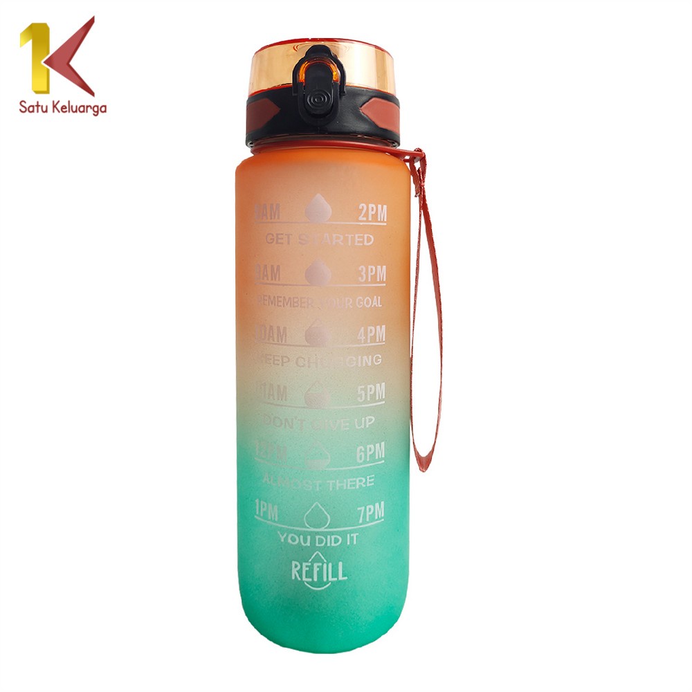 Satu Keluarga Botol Minum 1 Liter C407 Gradasi Tumbler Olahraga Sport Unik Botol Motivasi Thumbler Penanda Waktu BPA FREE-ORANGE-HIJAU