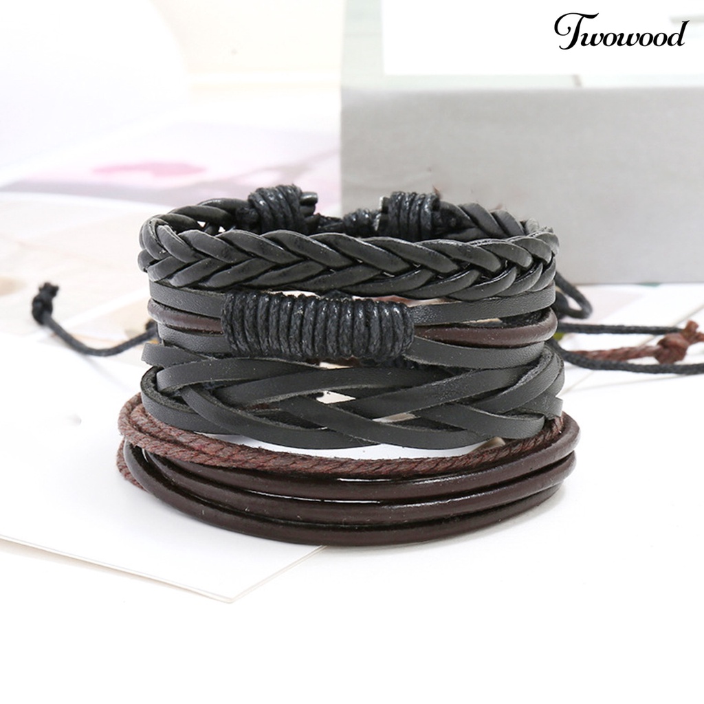 4pcs / Set Gelang Tali Multilayer Adjustable Handmade Bahan Kulit Imitasi Untuk Unisex