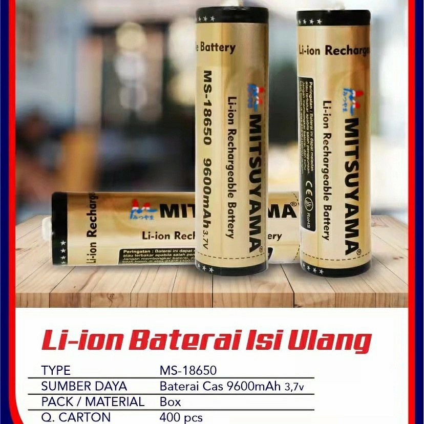 Barangunik2021-Baterai Batre Batere Li-ion 18650 Isi Ulang 9600mAh Mitsuyama MS-18650/Baterai MITSUYAMA GOLD 18650 9600mAh 3.7v / Batre / Batere / Battery