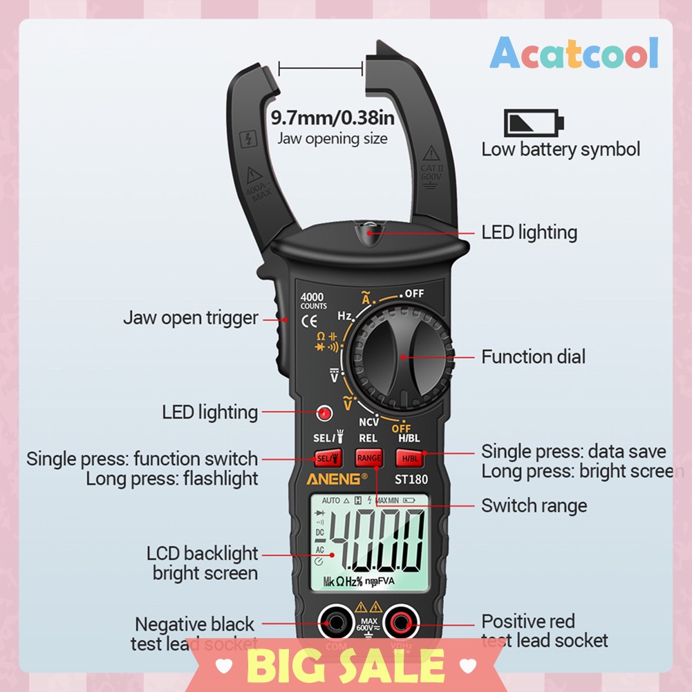 ST180 4000 Counts Digital Current Clamp Meter AC Ohm NCV Multimeter Tester