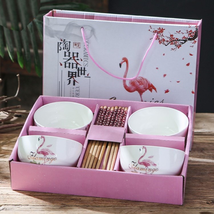 Souvenir Hampers Lebaran 4 pcs Mangkok Set Gift Bowl Set Flamingo 4