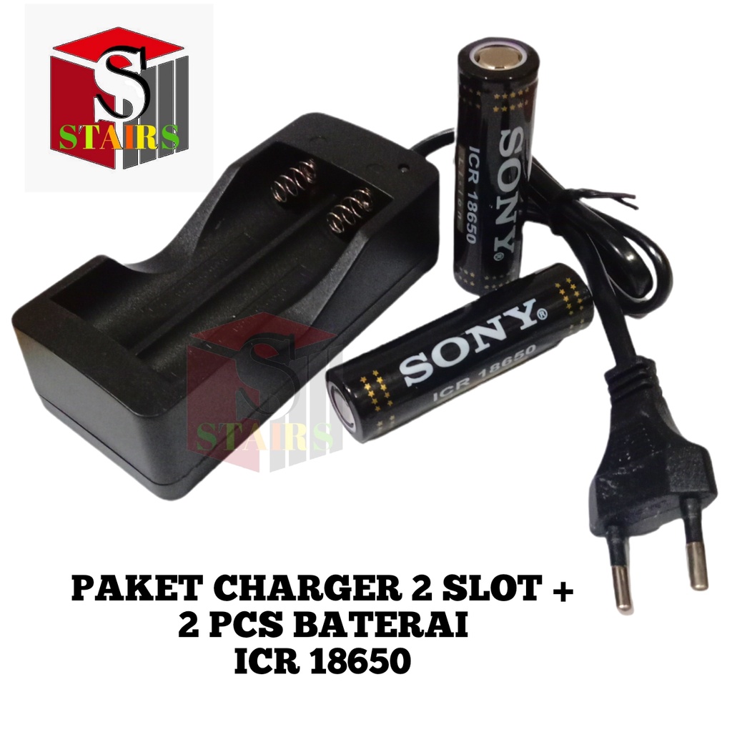 Paket Casan 2 Slot + 2 PCS Baterai Li-ion ICR 18650 5500mAh 3.7V Warna Hitam FLATTOP