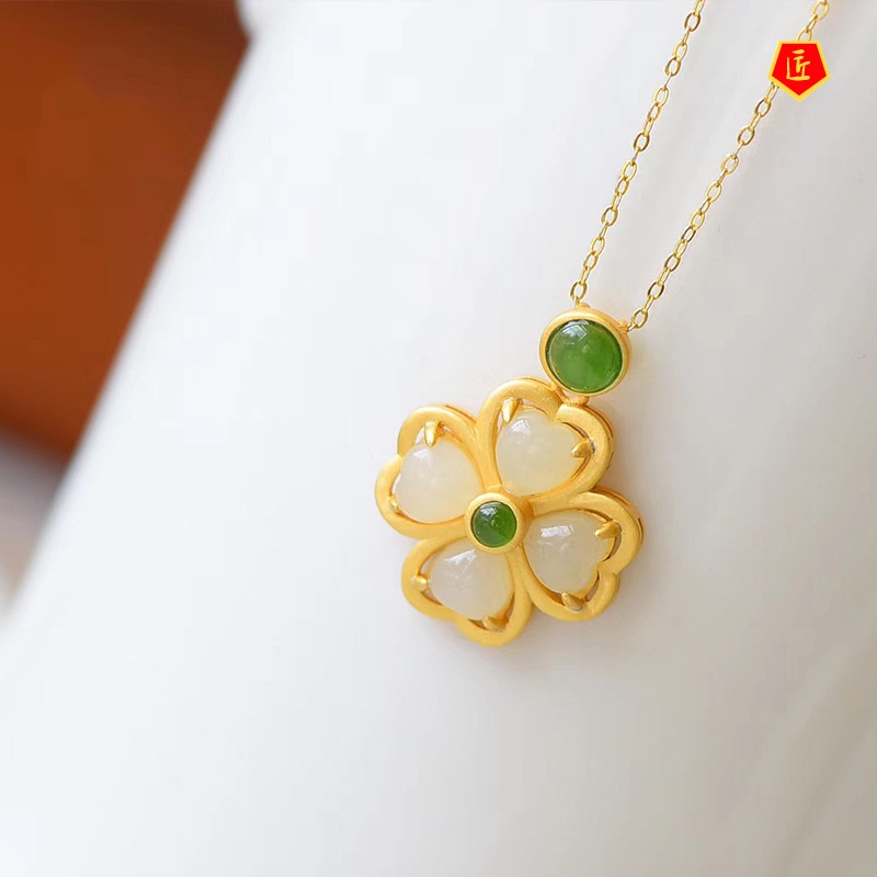 [Ready Stock]Silver Inlaid Hetian Jade Four-Leaf Clover Pendant Women's Light Luxury Refined Grace