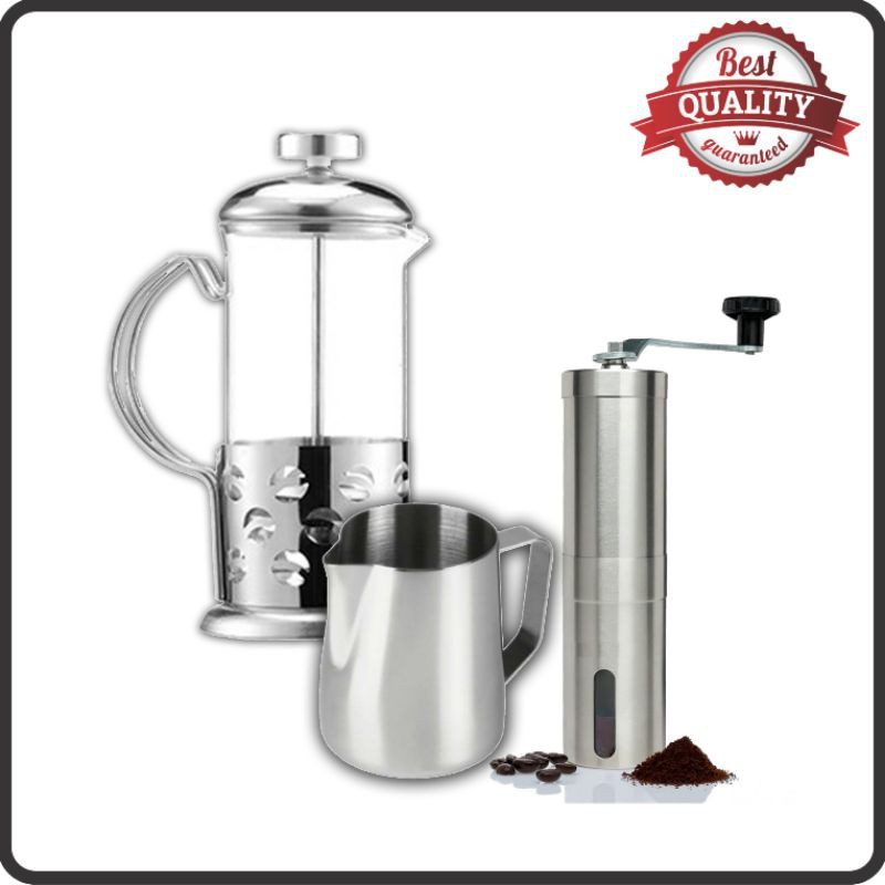 PAKET LATTE ART ( MILK JUG + FRENCH PRESS 350 ml  + GRINDER MANUAL )