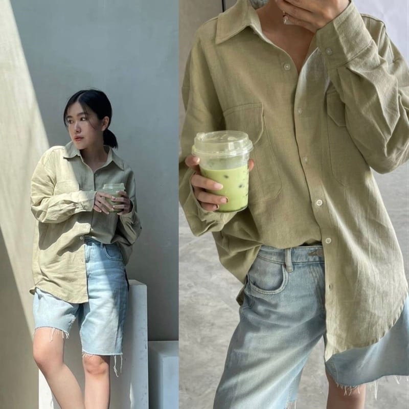 Kemeja Oversize Linen Pocket Outer Wanita - Lengan Panjang/Atasan Wanita Oversize/Kemeja Wanita korea Polos-3