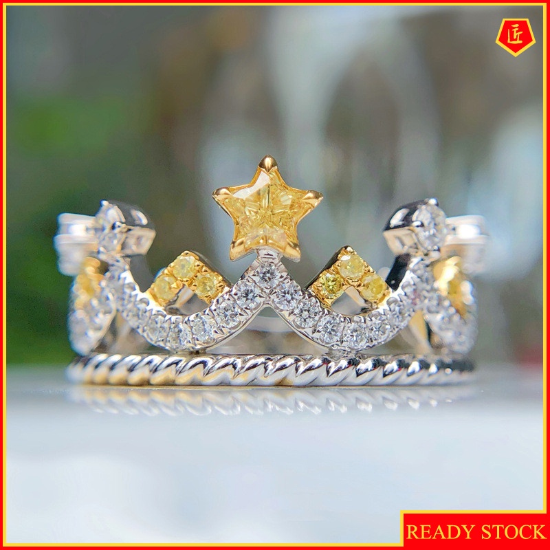 [Ready Stock]Pt950 Inlaid Yellow Diamond Five-Pointed Star Crown Ring