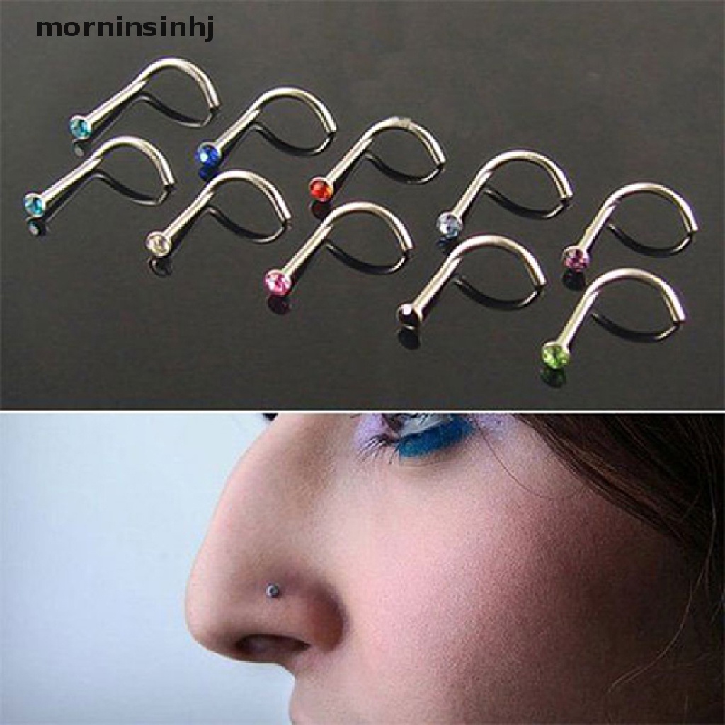 Mornin 10pcs Anting Tindik Hidung Bahan Stainless Steel Hias Kristal