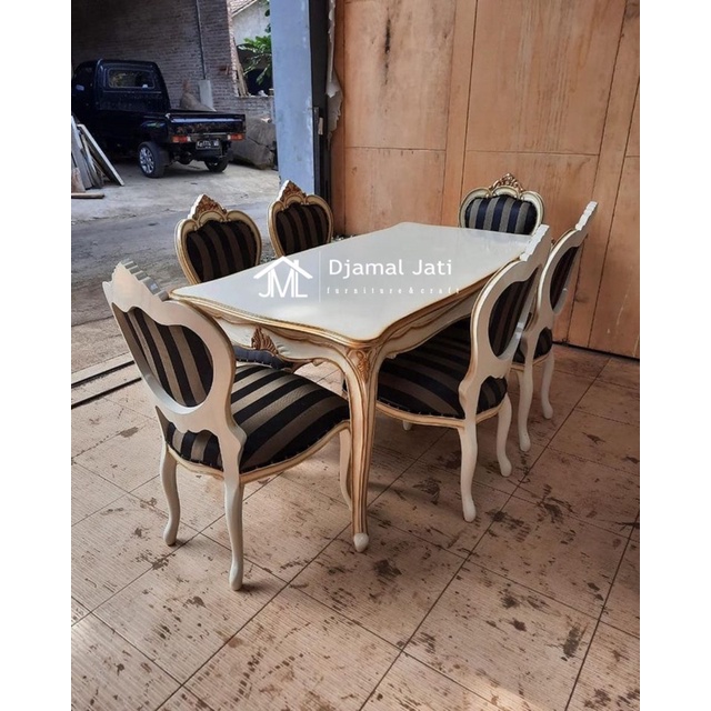 meja makan set 6 kursi model classic, meja makan rococo, meja kursi makan murah