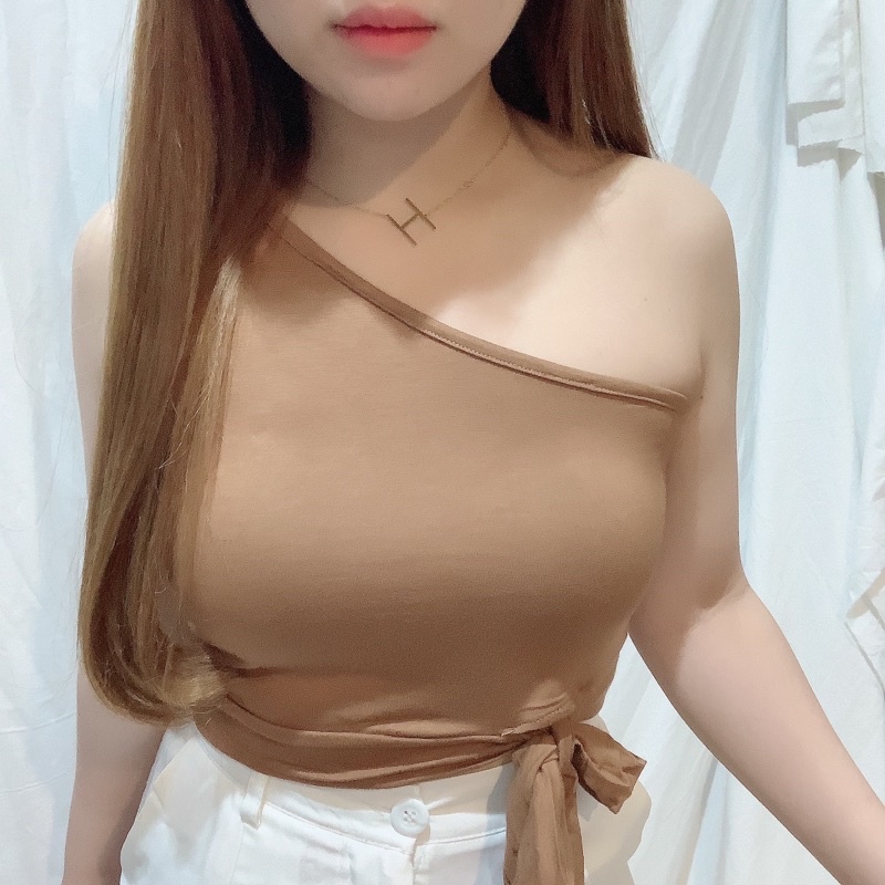 One Shoulder Bow Knot Side Crop Top Tank | Atasan Wanita Korean Fashion | Maimon Grosir