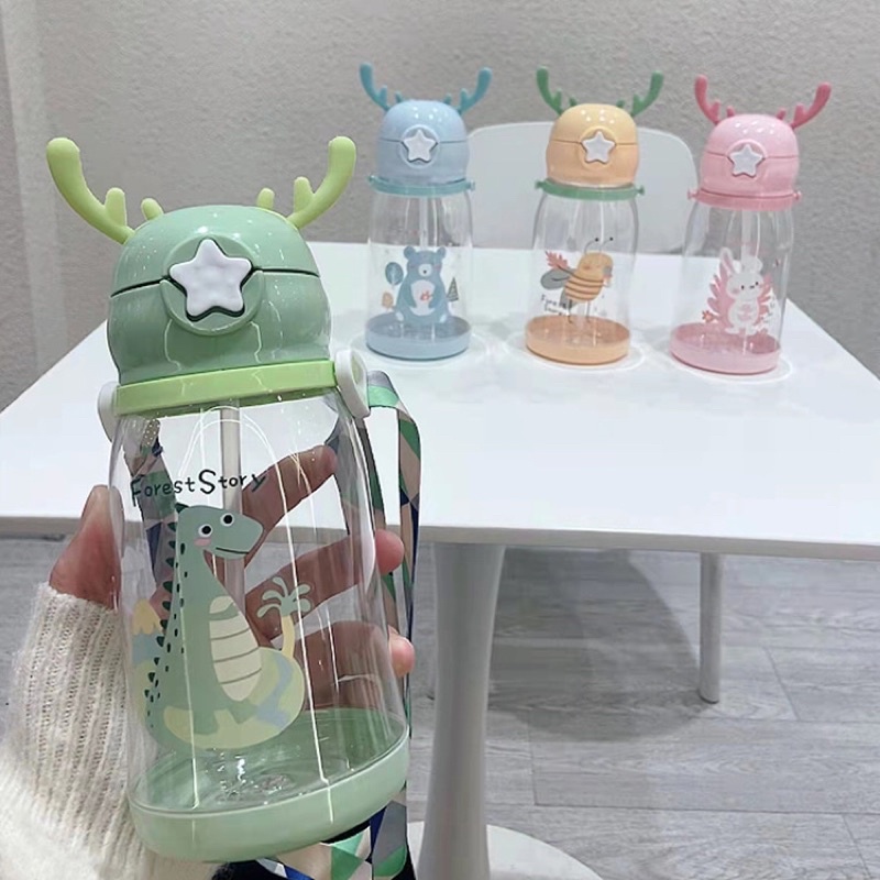 Botol Minum Tali Sedotan Tanduk Rusa / Botol Minum Anak 600 ML BPA FREE Anti Tumpah Anti Pecah