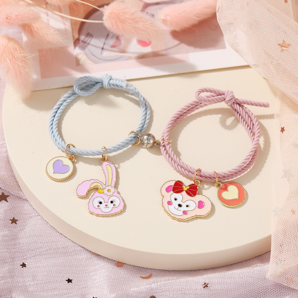 2Pcs Korean Cartoon Animal Pendant Magnetic Couple Bracelet Multifunction Bracelet Hair Band Colorful Hair Tie Women Jewelry Accessories