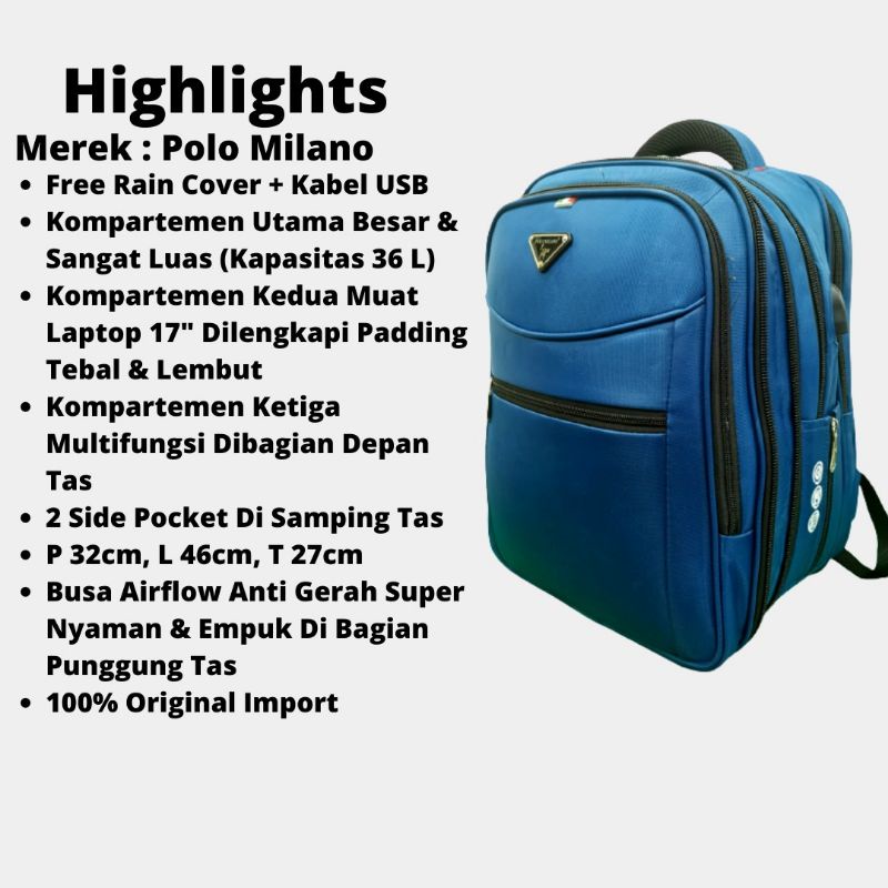 Tas RANSEL POLO MILANO USB 18 INCH 88332 Tas Pria RANSEL IMPORT RANSEL LAPTOP RANSEL ANTI AIR RANSEL FREE USB AND RAINCOVER