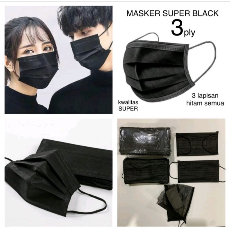 MASKER EARLOOP 3 PLY HITAM &amp; BIRU ISI 50 PCS / BOX ...FREE BOX