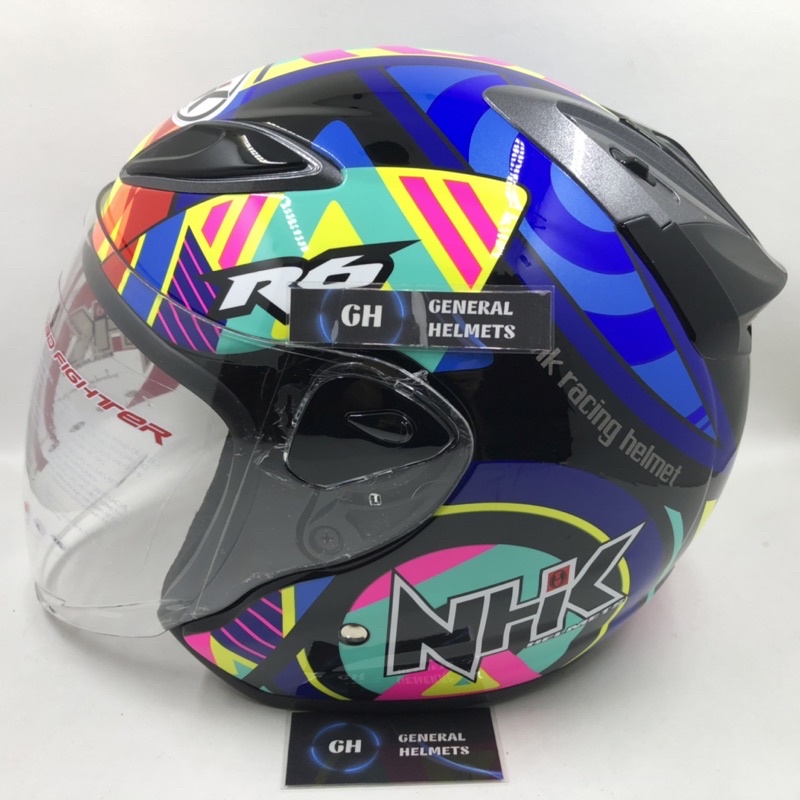 HELM NHK R6 MOTIF PIGMENT BLACK GLOSSY HITAM HALF FACE