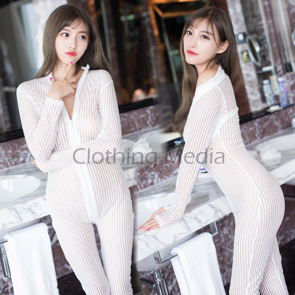 Full Bodysuit Silky Salur Warna Garis Bodystoking Dua Zipper Catsuit Bodycon Lingerie