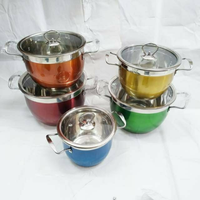 Panci Korea Set Warna Warni Korean High Pot 10 in 1 Tutup Kaca Perlengkapan Masak Dapur Rumah Stainless Steel Serbaguna Sauce Steam Boil Cookware