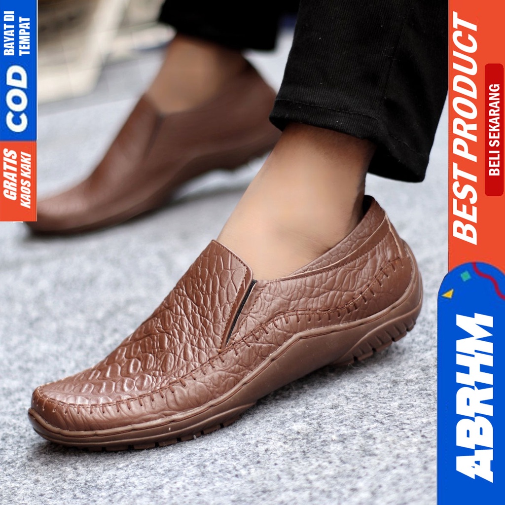 Sepatu Casual Pria Formal Slip On Pantofel Kulit Asli Kerja Kantor Kondangan Kuliah Hitam Fashion Shoes Terbaru Murah Kekinian Original CROCO ABRHM