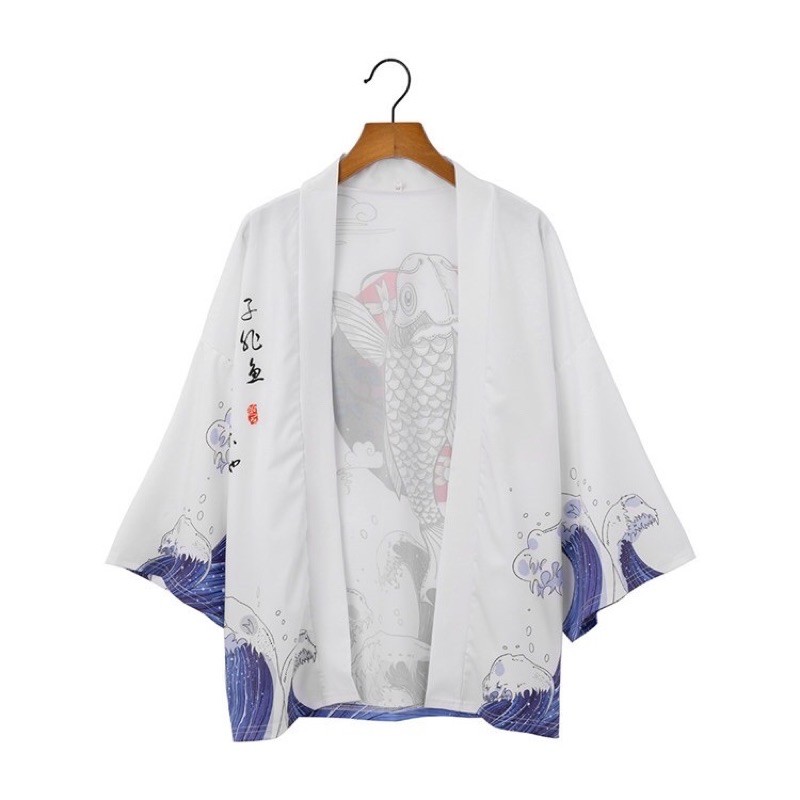 KIMONO IMPORT PRIA WANITA JEPANG HAORI YUTAKA FISH WHITE ORIGINAL M-2XL ME2