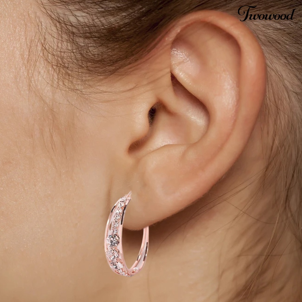 1 Pasang Anting Hoop Berlian Imitasi Bentuk Lingkaran Warna Rose Gold Untuk Wanita