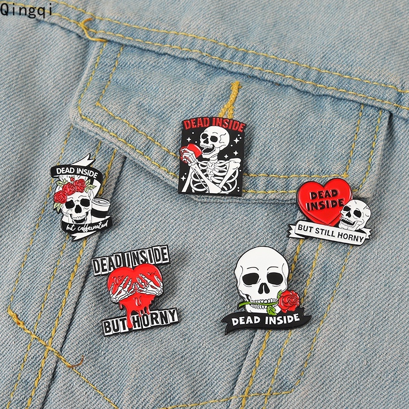 Bros Pin Enamel Bentuk Tengkorak Bunga Hati Merah Gaya Punk Untuk Pria Dan Wanita