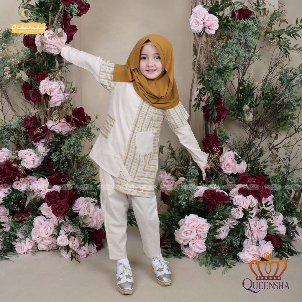 Baju Muslim Tunik Anak Harian set Queensha (Cream)