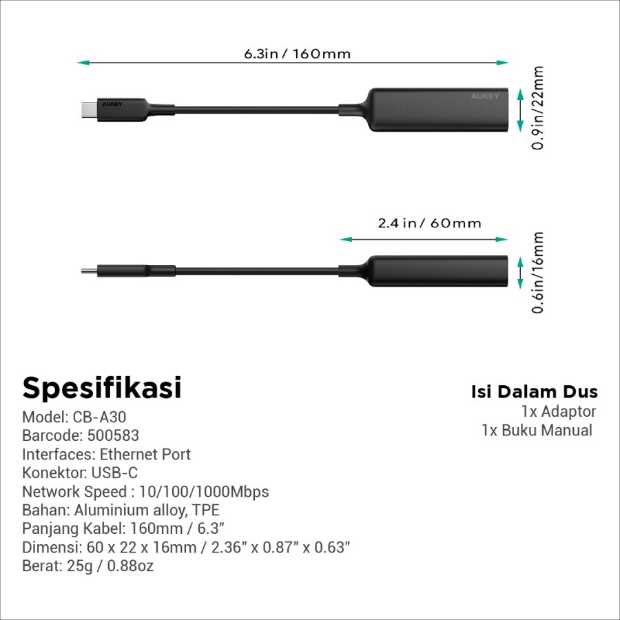 Aukey Adapter CB-A30 Type C (USB-C to Ethernet Jack) - 500583