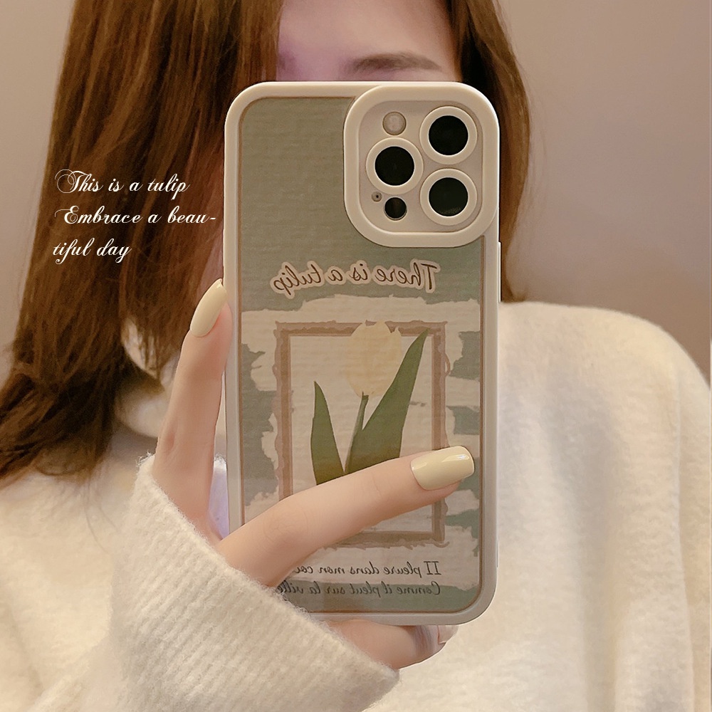 IPHONE Soft Case Handphone Bingkai Foto Tulip Putih Vintage Untuk Iphone7 8 PLUS X XR XS 11 12 13 14 MINI PRO MAX SE 2020 Cover